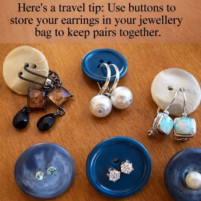 "A Simple Travel Jewelry Hack: Use Buttons To Keep Earring Pairs Together In Your Bag"
