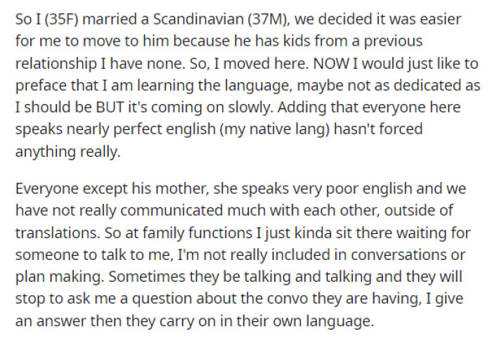 Then she dives into the post and gives us some background on herself and her husband, explaining why she moved in with him in his hometown in a different country.
