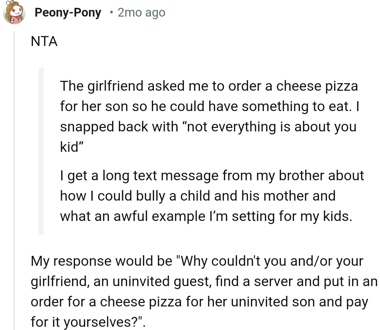 This Redditor offered a more ‘suitable’ response to OP’s brother and his girlfriend