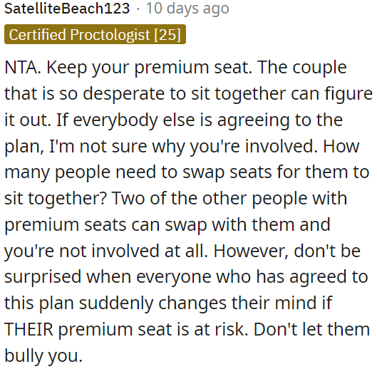 OP should stick to his premium seat; others can swap if they want.
