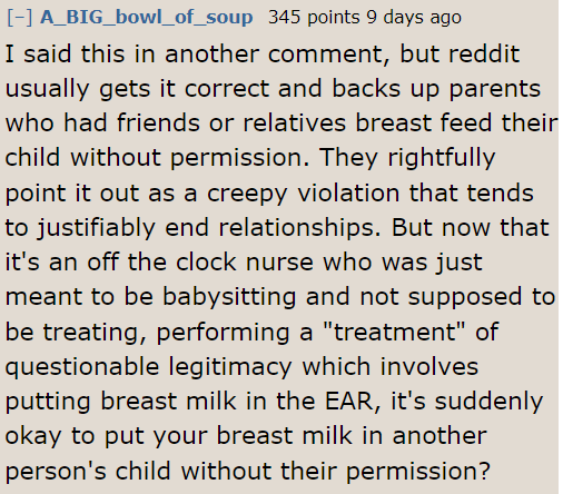 It's one thing for a babysitter to administer medical treatment to a child, and another thing entirely to use breast milk as a remedy.