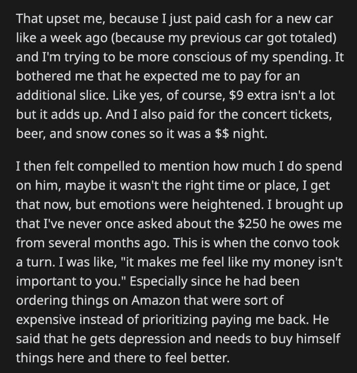 He said he needed to buy things for himself from time to time to ease his depression.