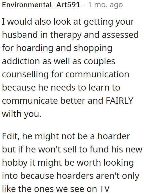 One Redditor suggests getting therapy for the husband because the uncontrollable habit could be a mental health problem.