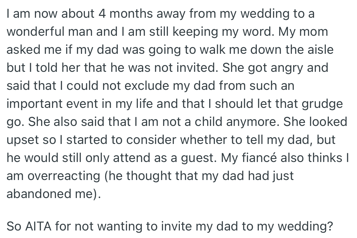 OP intends to get married without inviting her dad. However, her mom thinks her dad should be invited to such a special event.