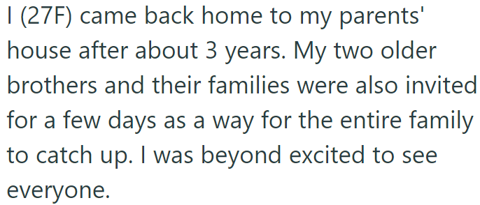 The OP and her two brothers were invited to their parents' house for a few days: