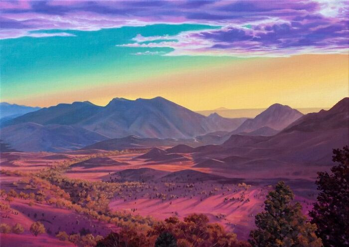 Meander vaporwave landscape with Desert Days theme, rolling dunes, soft Haze over distant forms