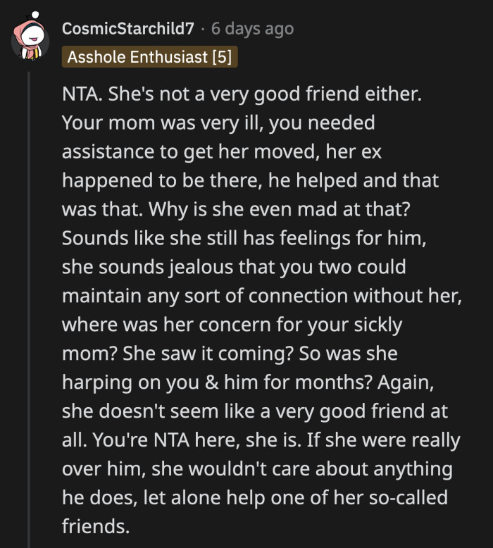Redditors voted that OP was not the a**hole for talking to her friend's ex