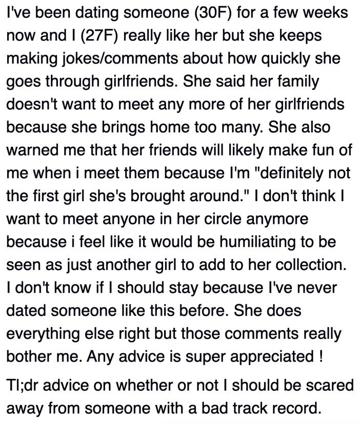 The OP is dating a girl whom she feels is raising a red flag.