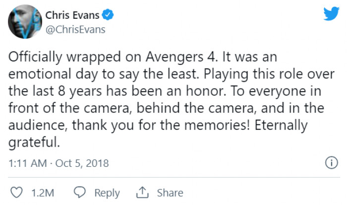 9. Chris Evans couldn't help but tweet after filming on Endgame wrapped, which sparked speculation that he wouldn't be returning to the MCU afterward.