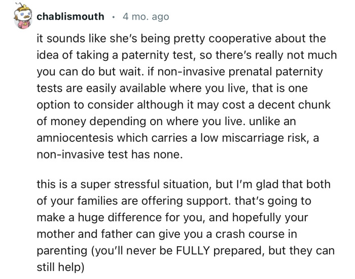 “This is a super stressful situation, but I’m glad that both of your families are offering support.”