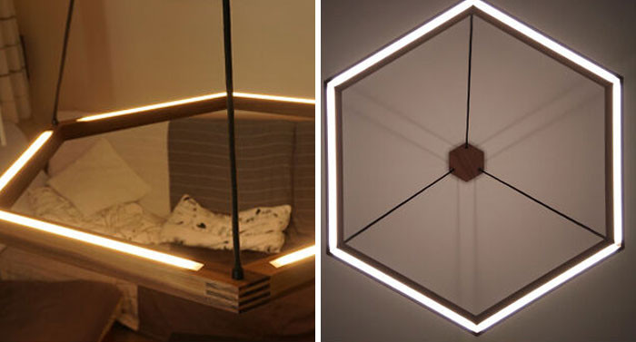 "I Designed And Build An Hexagonal Livingroom Lamp. Walnut, LED, Hue Compatible, Upward And Downward Illumination Can Be Controlled Separately"