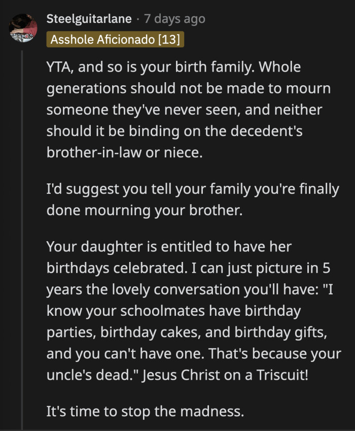 How will OP explain all the missed birthdays when her daughter gains the ability to talk and understand things?