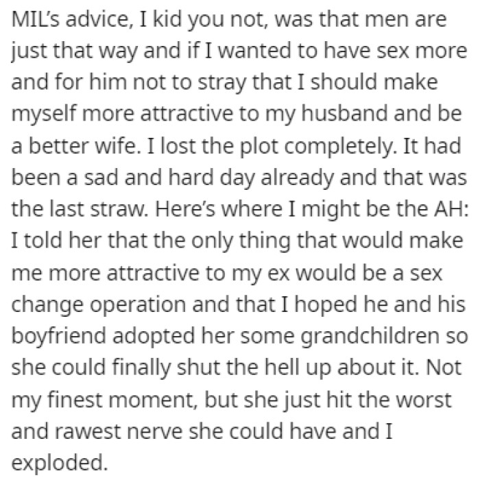 The mother-in-law struck OP's nerve, and she blurted out the entire truth about her husband's behavior and sexuality.