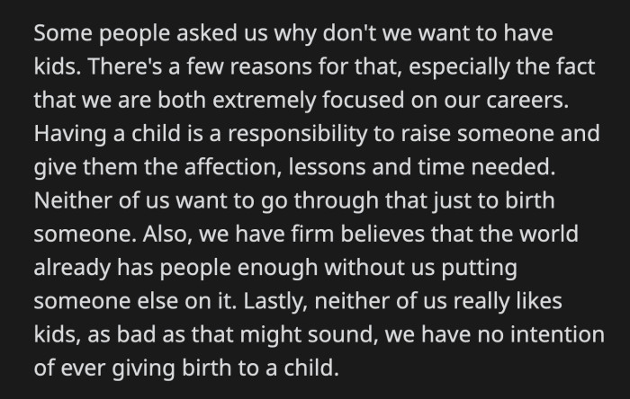 OP also clarified their reasons for being child-free, which are more than understandable