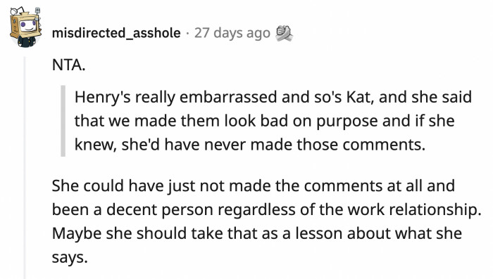 Based on her tattling in the family group chat, we doubt that Kat learned her lesson