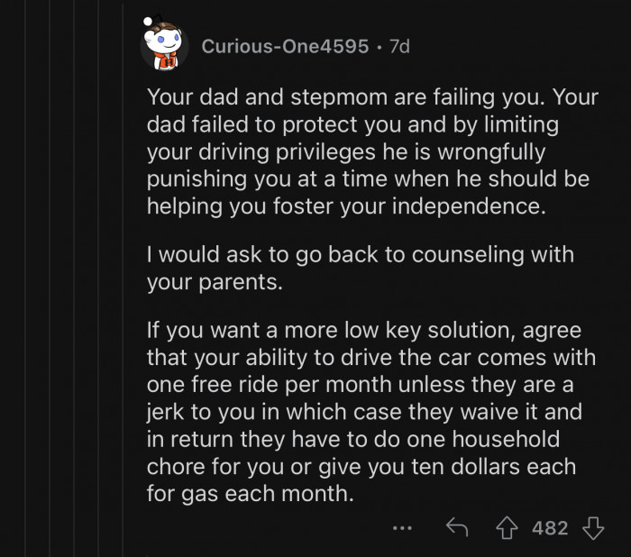 OP is being wrongfully punished by her dad and stepmom.