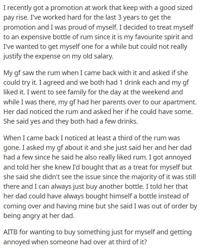 OP Gives Us All the Details on the Rum, the Promotion, and What Happened to His Rum When His Girlfriend's Parents Were Over.