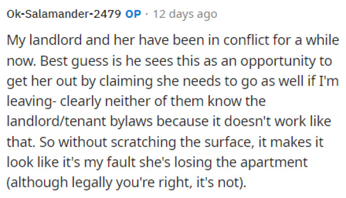 Here's OP's response explaining that she's not legally wrong and can move out whenever she wants, but she elaborates on why this might put her roommate in a difficult position.