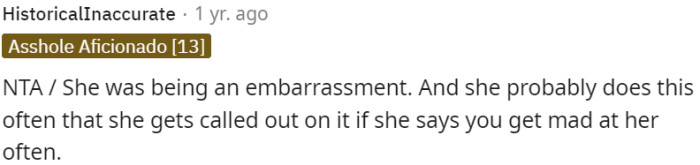 The mother's behavior was embarrassing.