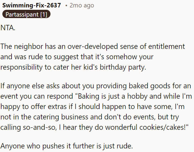 Baking is OP's hobby, not a catering service; she should politely redirect them to someone else.