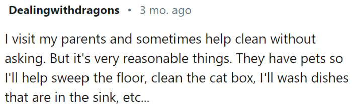 This Redditor cleans when visiting parents, but it is understandable since they are probably elderly people.