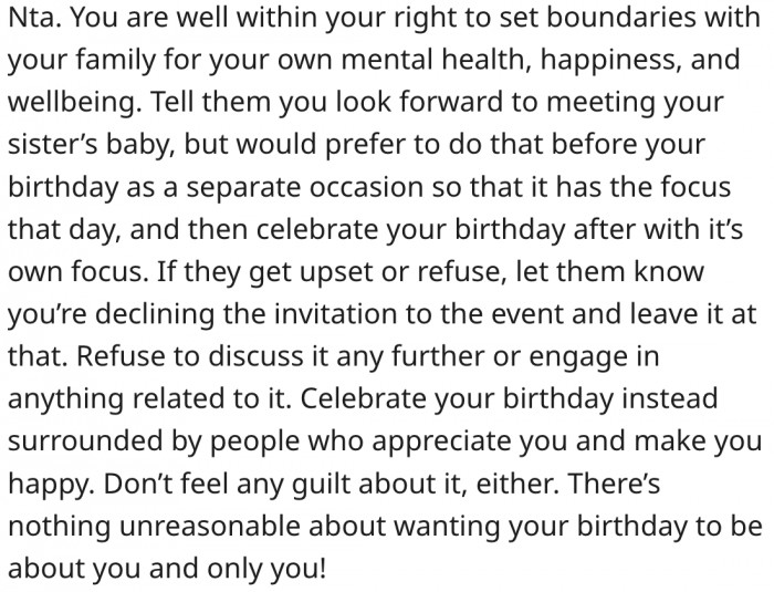 13. She should ask her parents to schedule a meeting with the baby before her birthday.