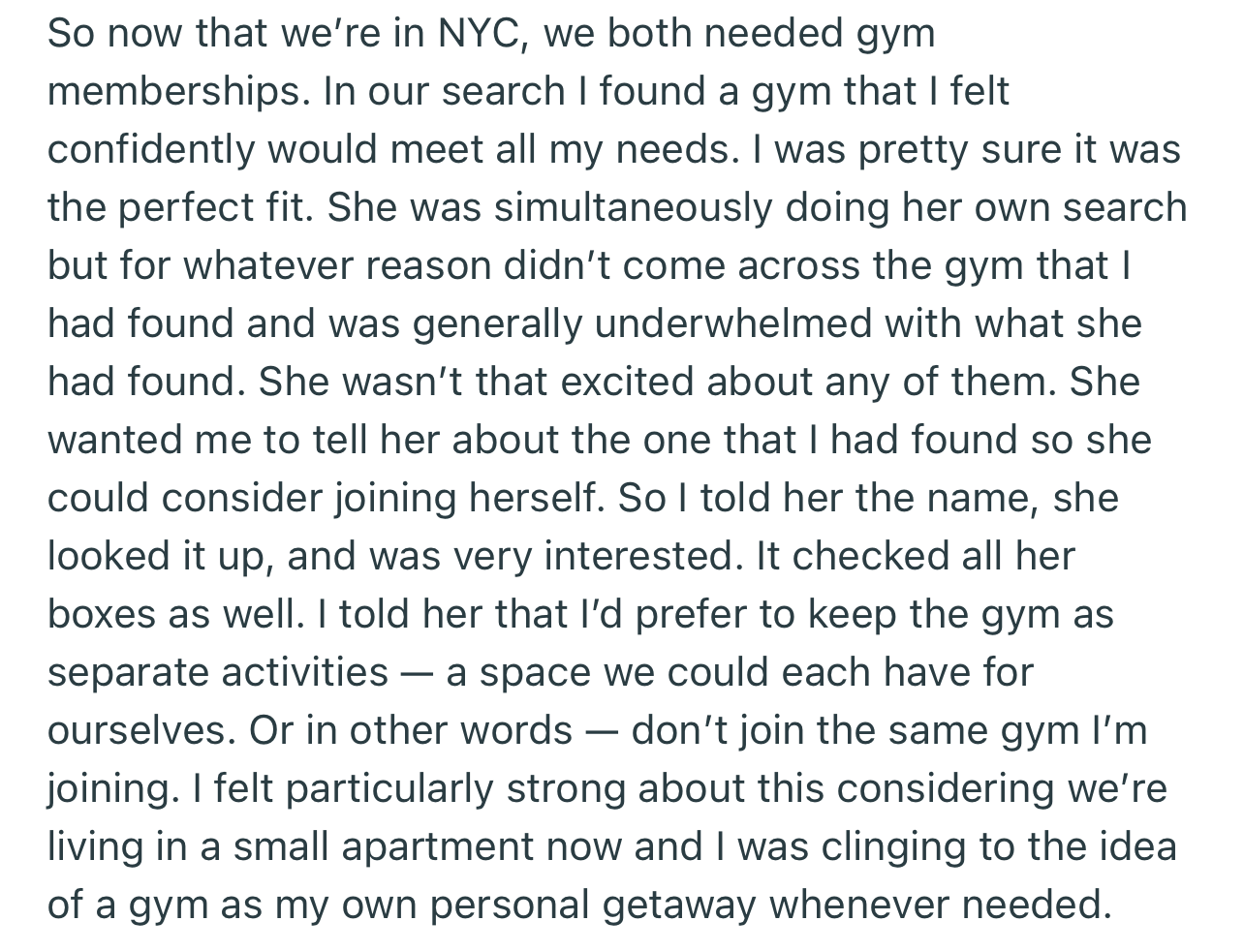 OP Found a Workout Sanctuary Where He Could Have His Personal Getaway. However, He Wasn’t Happy to Discover That His Girlfriend Was Looking to Sign Up at His Gym Instead of Finding a Place of Her Own