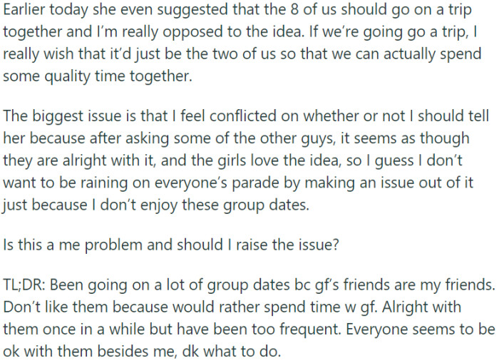 OP is grappling with doubts about whether his discomfort is a personal issue, and he's deliberating over the need to express his feelings