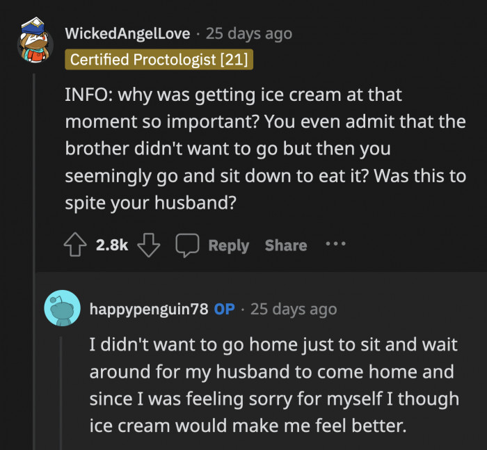 Ice cream became priority No. 1 after her husband didn't show up, and it was better than feeling sorry for herself at home while waiting for him