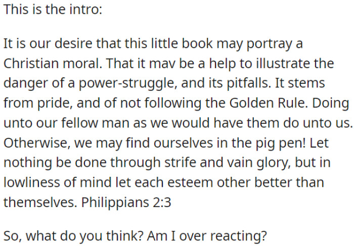 The content of the book conveys a strong moral message about avoiding arguments and conflicts, using scripture references to emphasize this point.