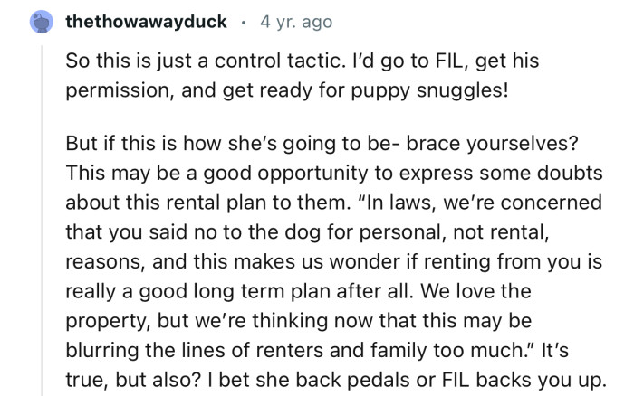 “This Is Just a Control Tactic. I’d Go to FIL, Get His Permission, and Get Ready for Puppy Snuggles!”