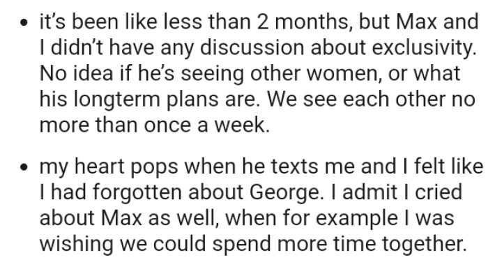 The OP added that she and Max haven't had any discussion about exclusivity