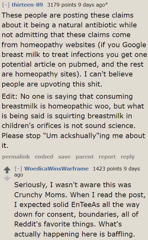 Whether breast milk can be used to treat infections or not, treating her child with it should still be up to the OP.