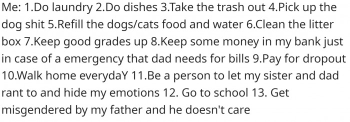 OP has a lot of chores. They have a long list of grievances.