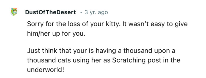 “Sorry for the loss of your kitty. It wasn’t easy to give him/her up for you.”