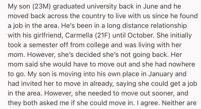 OP allowed her son’s girlfriend (Carmella) move in with them