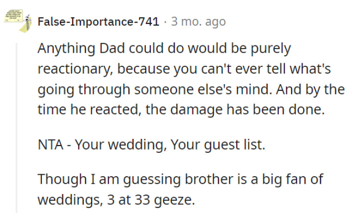 Wedding surprises are best left to the bouquet toss, not unexpected speeches. It's her day, and her brother's wedding track record is a trilogy at 33!