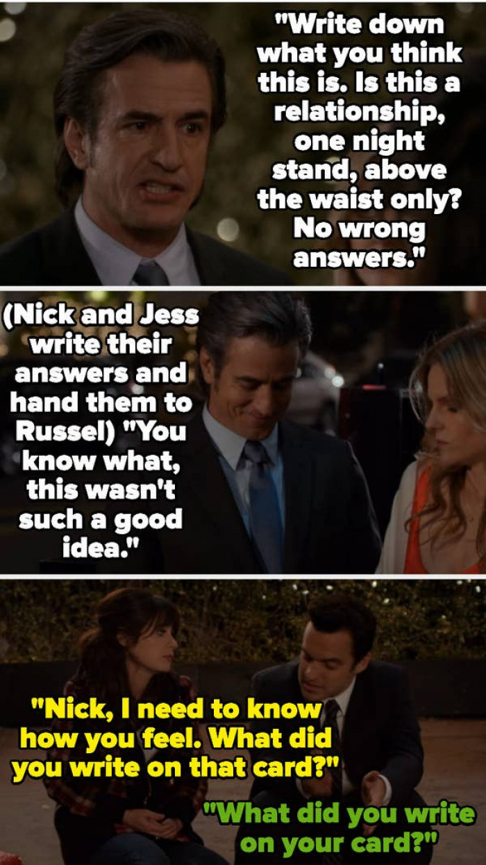 15. Russel stumbles across Nick and Jess on their first date and requests that they both describe their relationship on the back of valet cards.