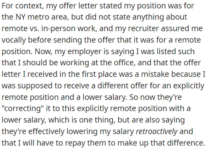 The offer letter was for a New York metro area position with uncertainty about remote work. The recruiter verbally confirmed it was remote.