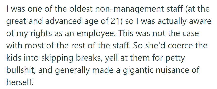 OP, aged 21, knew their rights. The new manager pressured young staff and caused chaos.
