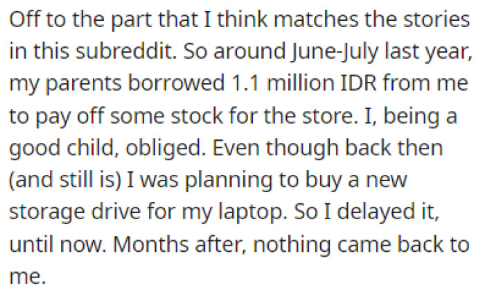 OP's Parents Borrowed Money from Them a While Ago and They Never Returned It