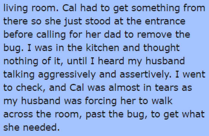Cal needed something from the living room, but she saw the bug and called for her dad to remove it