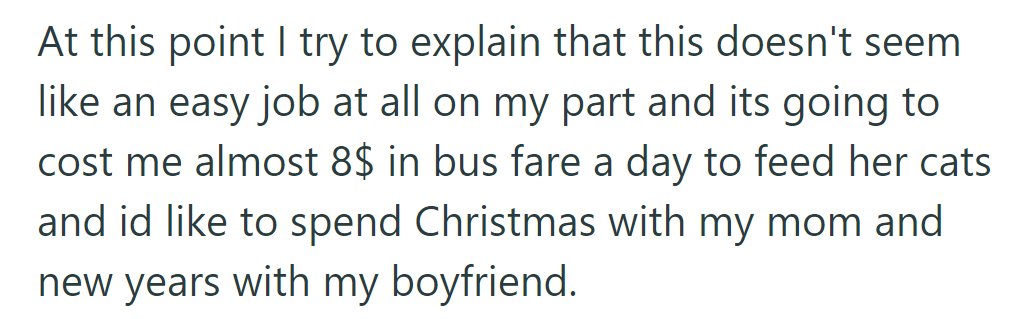 Costly commute to feed cats clashes with Christmas plans to see mom and New Year's with boyfriend.