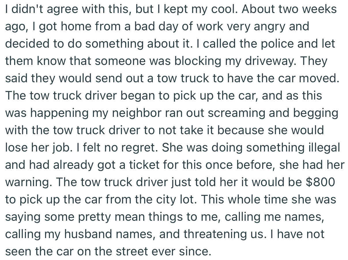 One Fateful Day, OP Returned from Work to Find Her Neighbor’s Car in Her Driveway Again. But This Time, She Called the Police to Have It Towed