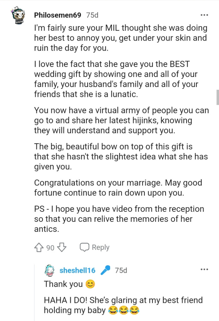 The OP now has a virtual army of people she can run to