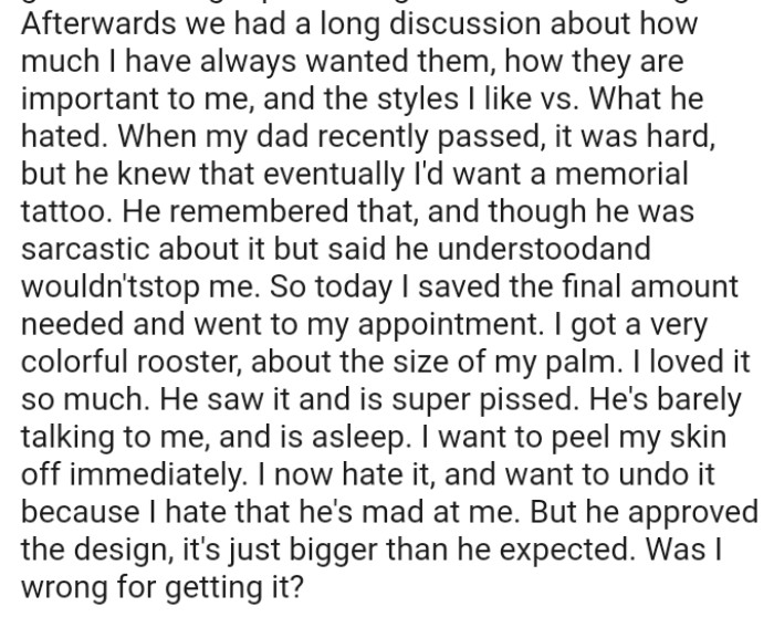 The OP loves her tat so much but her husband got super pissed on seeing it