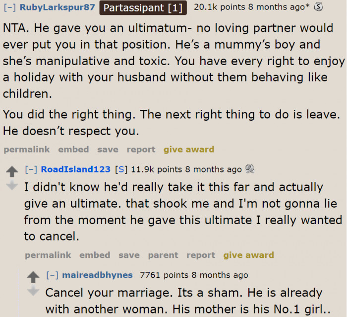 She needs to run away from the toxic mama's boy.