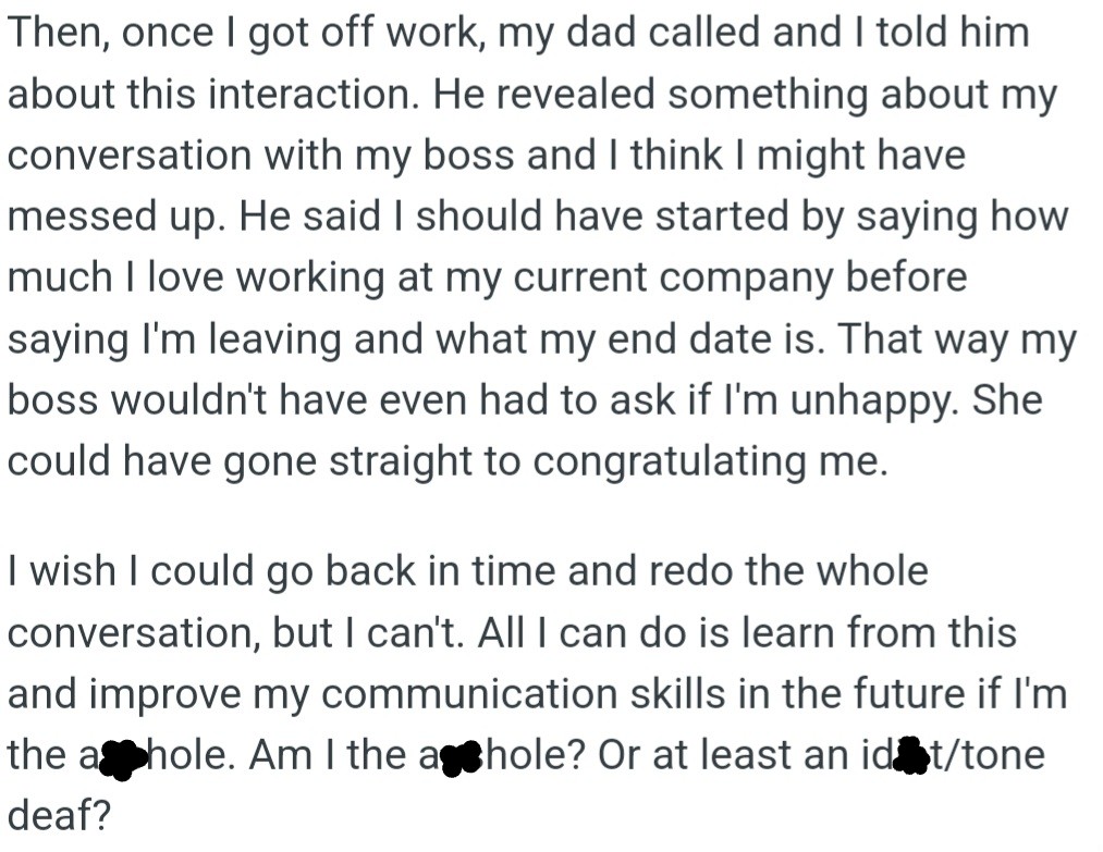 OP's dad helped them see that they should have praised their old company before announcing their departure. A lesson learned for better communication.