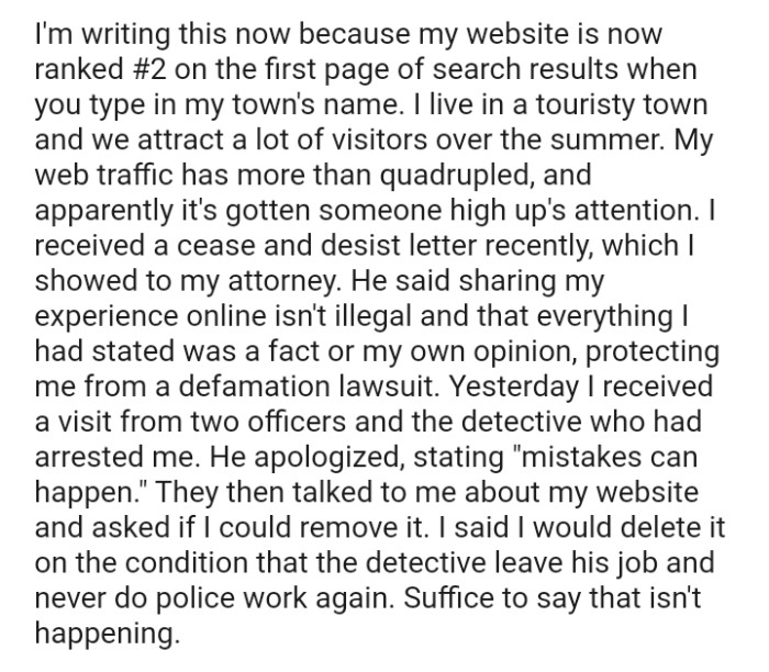 The lawyer said sharing the experience online isn't illegal and that everything the OP stated was a fact