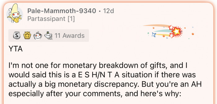 This user made a detailed comment where they explained why OP is the a-hole in this situation.